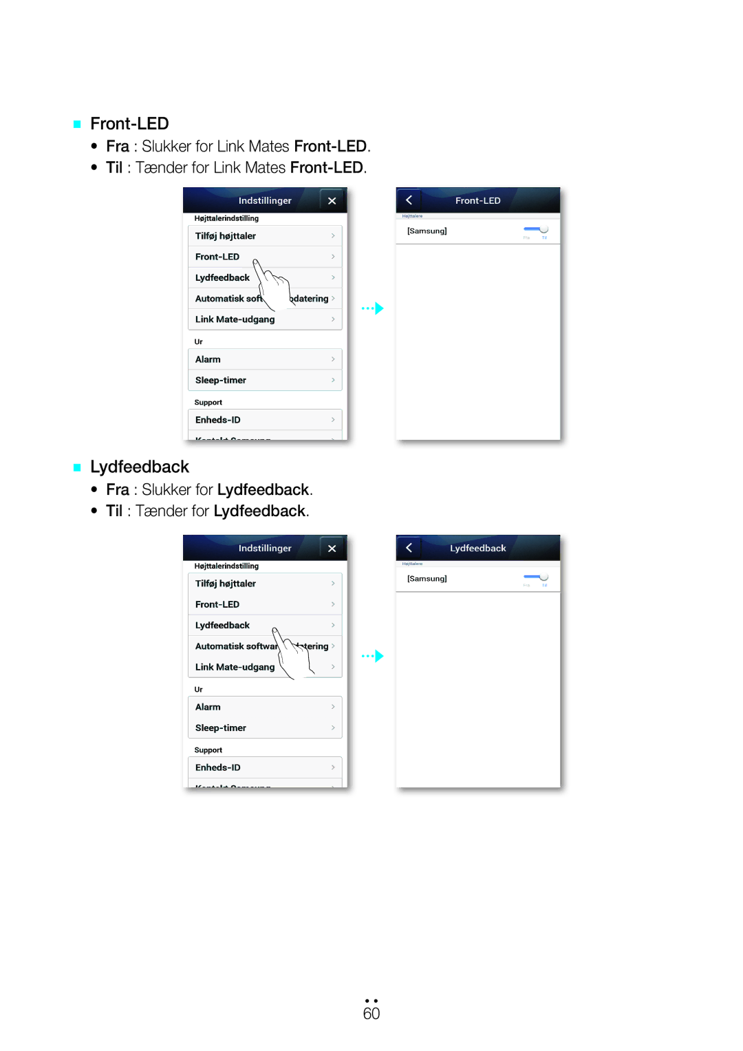 Samsung WAM270/XE manual `` Front-LED, `` Lydfeedback, Fra Slukker for Lydfeedback Til Tænder for Lydfeedback 