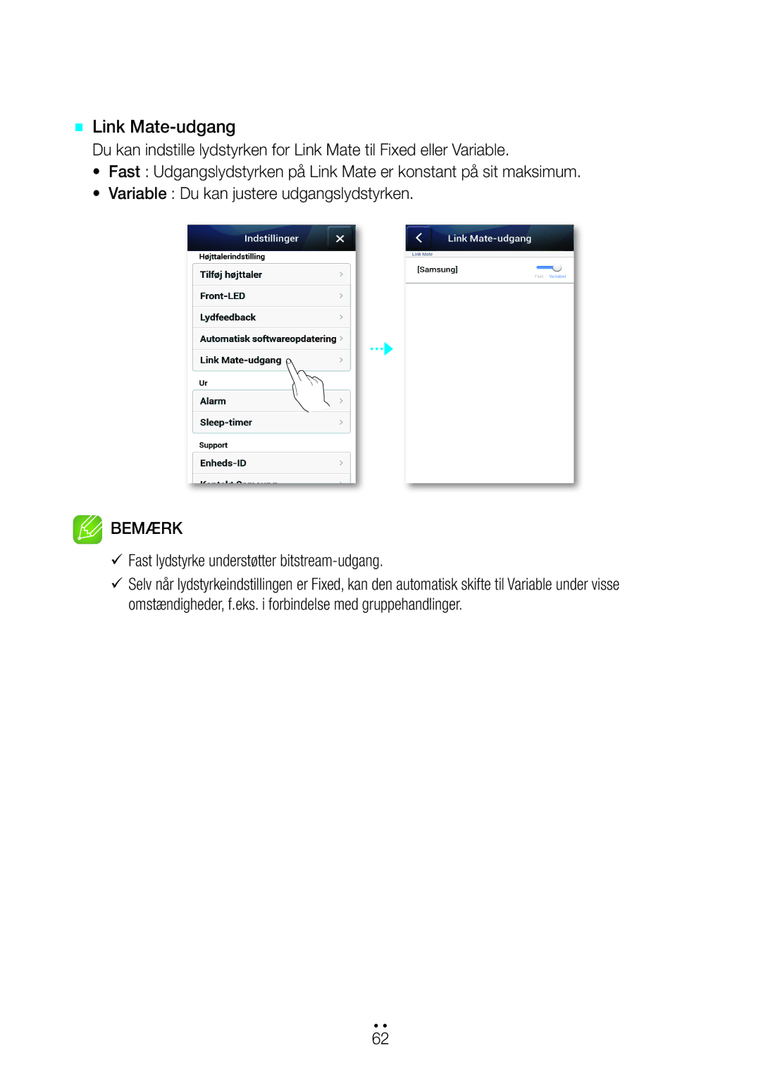 Samsung WAM270/XE manual `` Link Mate-udgang, 99Fast lydstyrke understøtter bitstream-udgang 