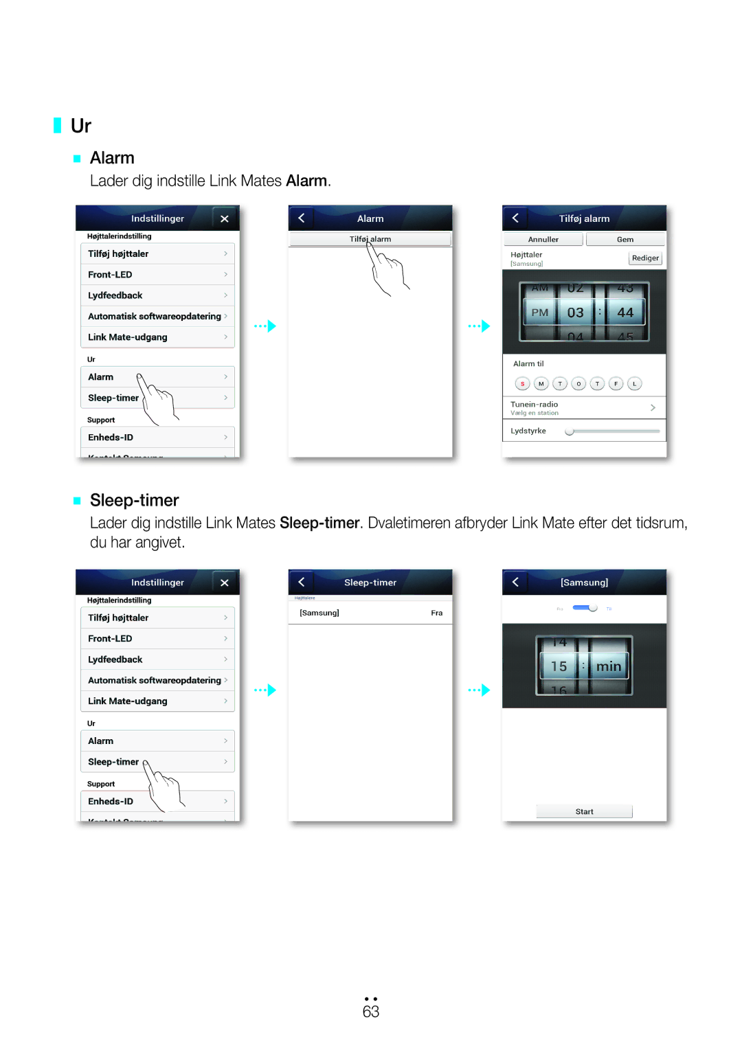 Samsung WAM270/XE manual `` Alarm, `` Sleep-timer, Lader dig indstille Link Mates Alarm 