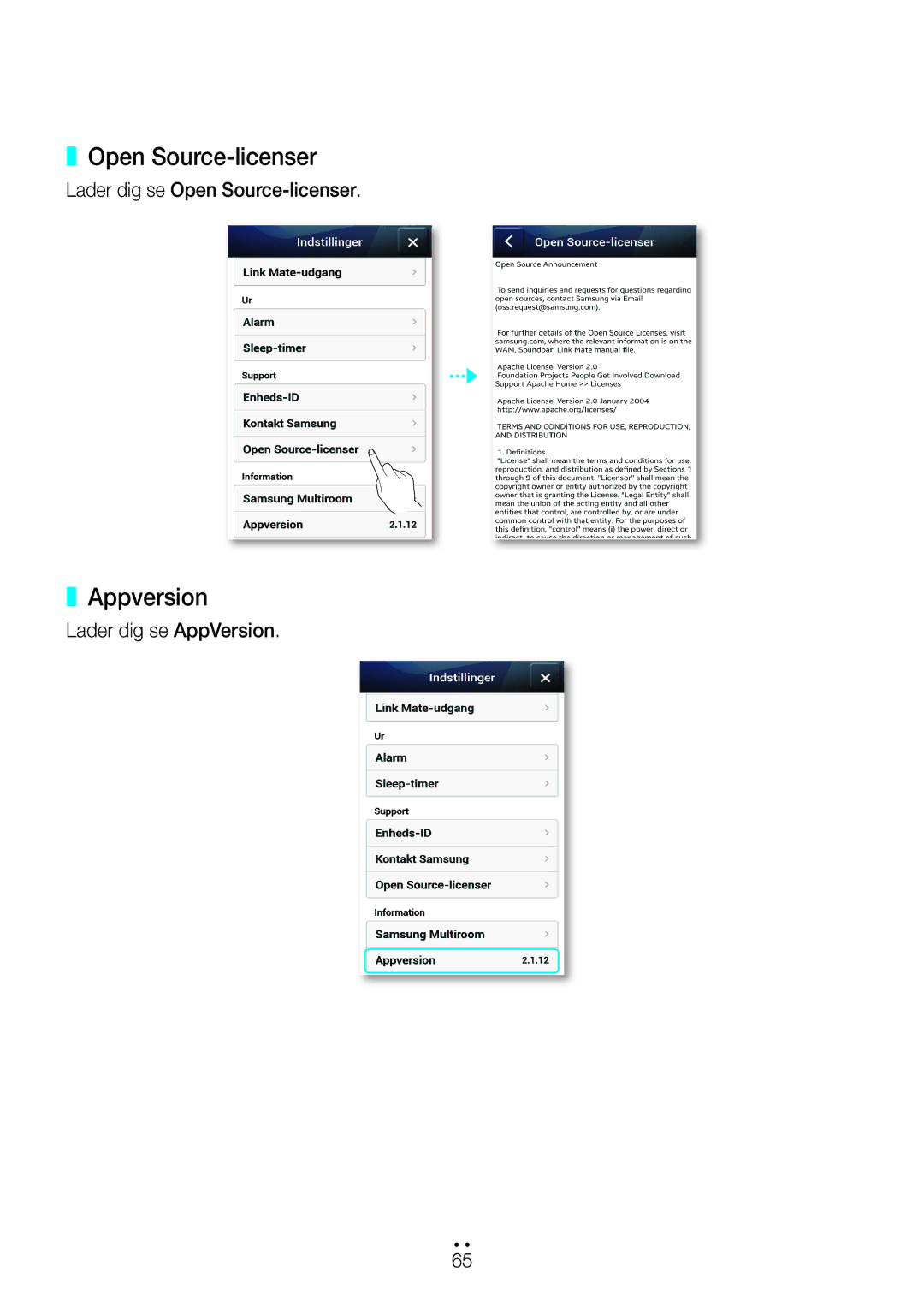 Samsung WAM270/XE manual Appversion, Lader dig se Open Source-licenser, Lader dig se AppVersion 