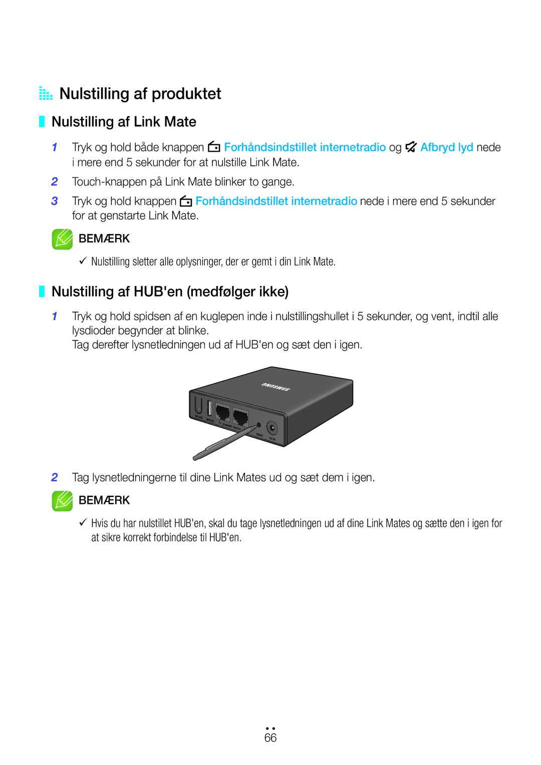 Samsung WAM270/XE manual AA Nulstilling af produktet, Nulstilling af Link Mate, Nulstilling af HUBen medfølger ikke 