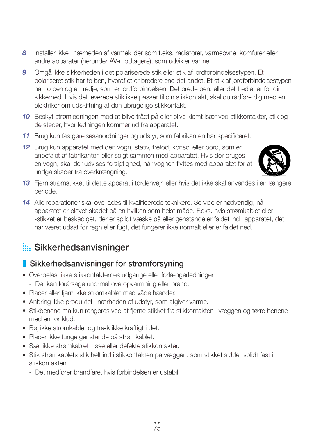 Samsung WAM270/XE manual AA Sikkerhedsanvisninger, Sikkerhedsanvisninger for strømforsyning 