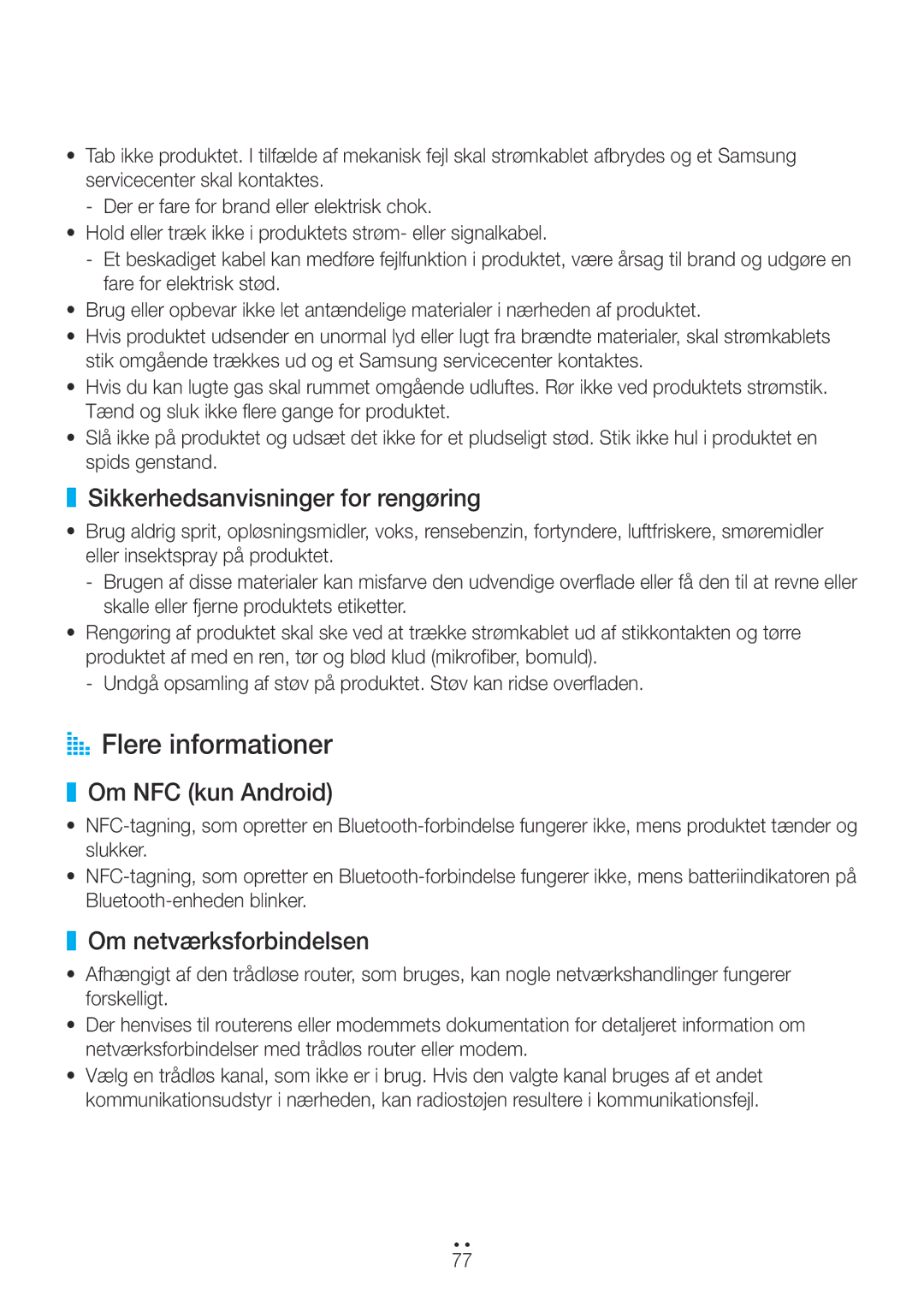Samsung WAM270/XE AA Flere informationer, Sikkerhedsanvisninger for rengøring, Om NFC kun Android, Om netværksforbindelsen 