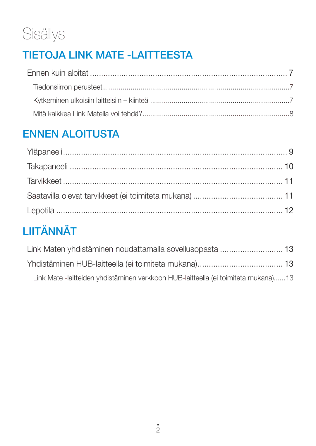 Samsung WAM270/XE manual Sisällys, Ennen kuin aloitat 