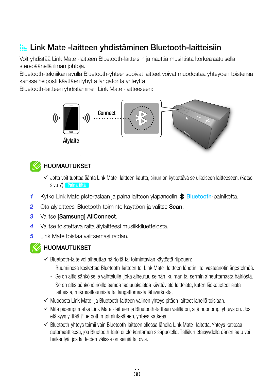 Samsung WAM270/XE manual AA Link Mate -laitteen yhdistäminen Bluetooth-laitteisiin 