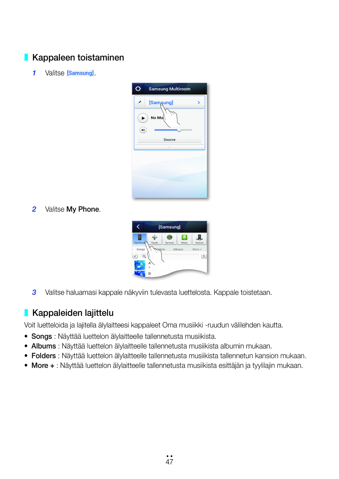 Samsung WAM270/XE manual Kappaleen toistaminen, Kappaleiden lajittelu 