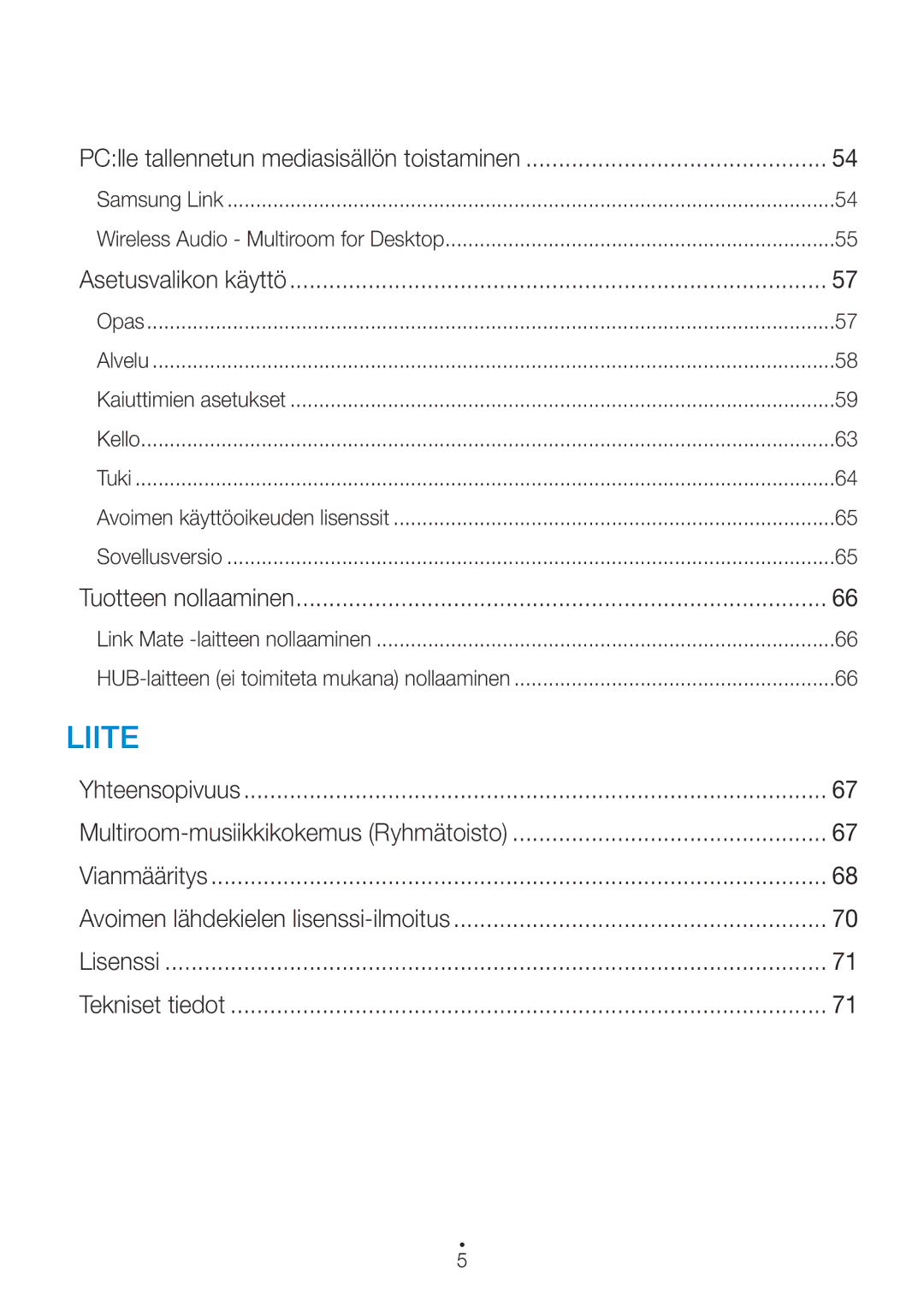 Samsung WAM270/XE manual PClle tallennetun mediasisällön toistaminen, Asetusvalikon käyttö, Tuotteen nollaaminen 