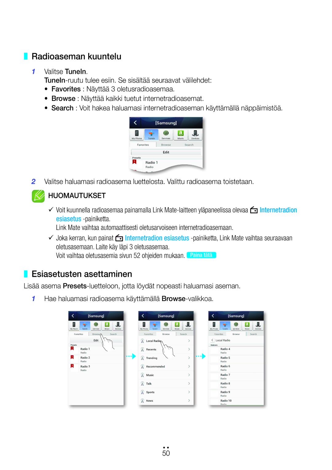 Samsung WAM270/XE manual Radioaseman kuuntelu, Esiasetusten asettaminen, Esiasetus -painiketta 