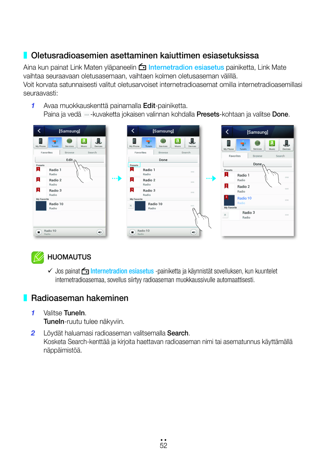 Samsung WAM270/XE manual Oletusradioasemien asettaminen kaiuttimen esiasetuksissa, Radioaseman hakeminen 