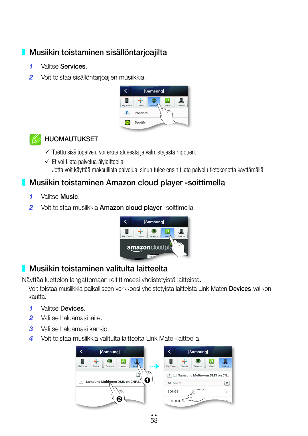 Samsung WAM270/XE manual Musiikin toistaminen sisällöntarjoajilta, Musiikin toistaminen Amazon cloud player -soittimella 