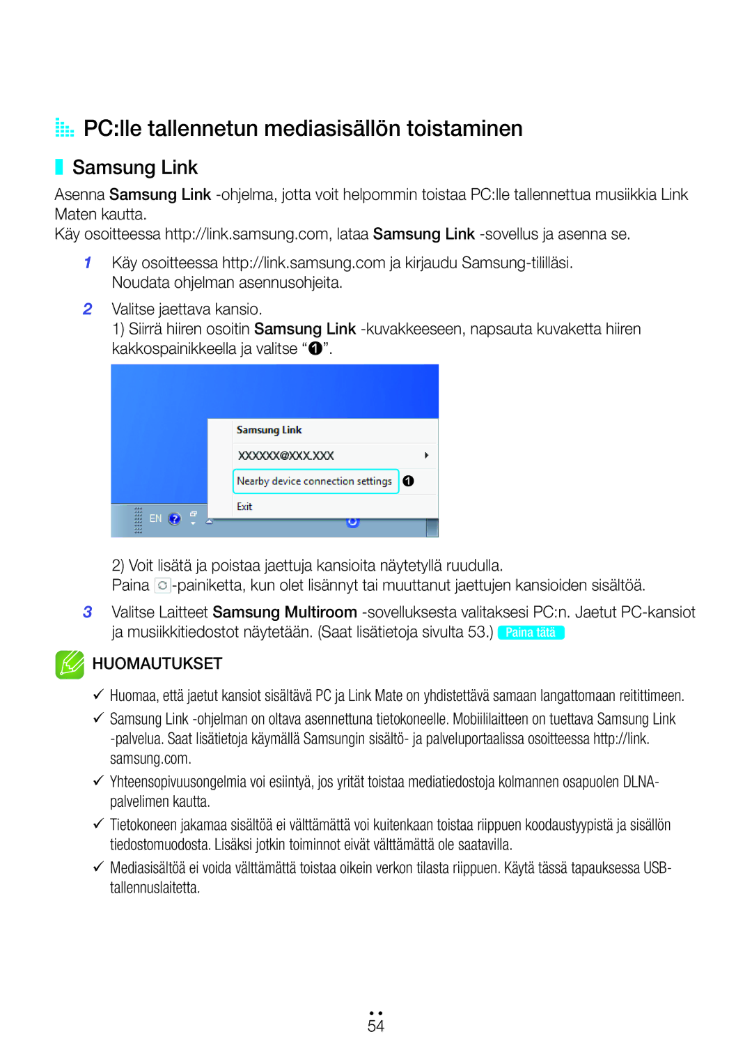 Samsung WAM270/XE manual AA PClle tallennetun mediasisällön toistaminen, Samsung Link 