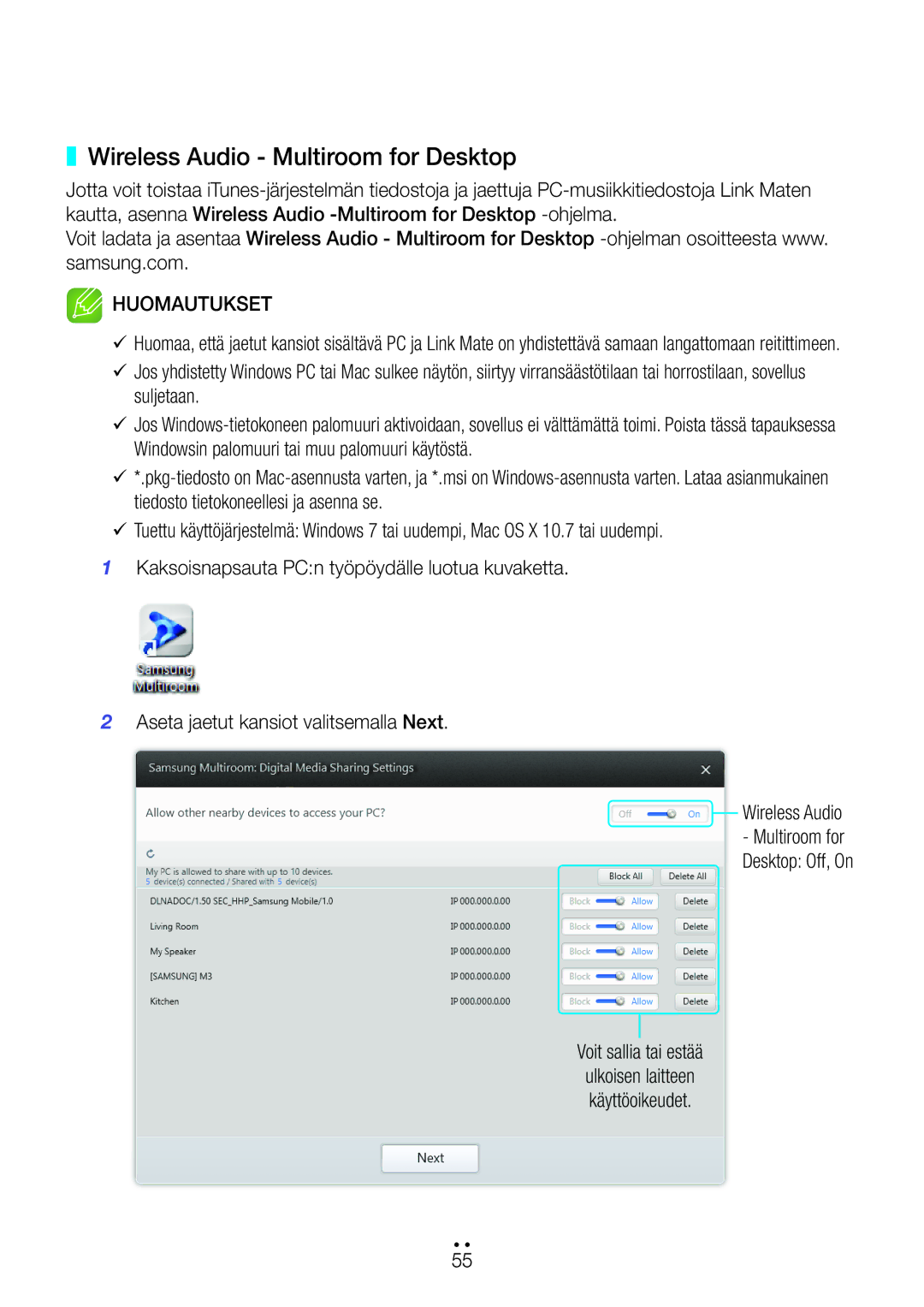 Samsung WAM270/XE manual Wireless Audio Multiroom for Desktop, Voit sallia tai estää 