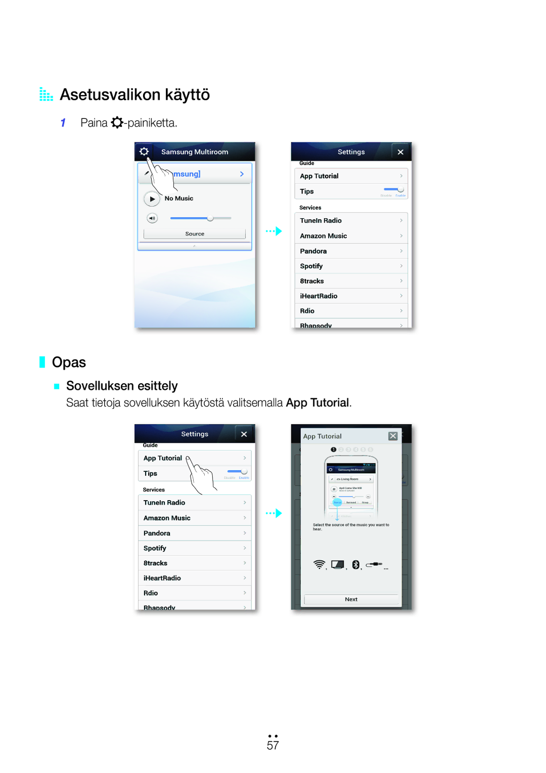 Samsung WAM270/XE manual AAAsetusvalikon käyttö, Opas, `` Sovelluksen esittely 