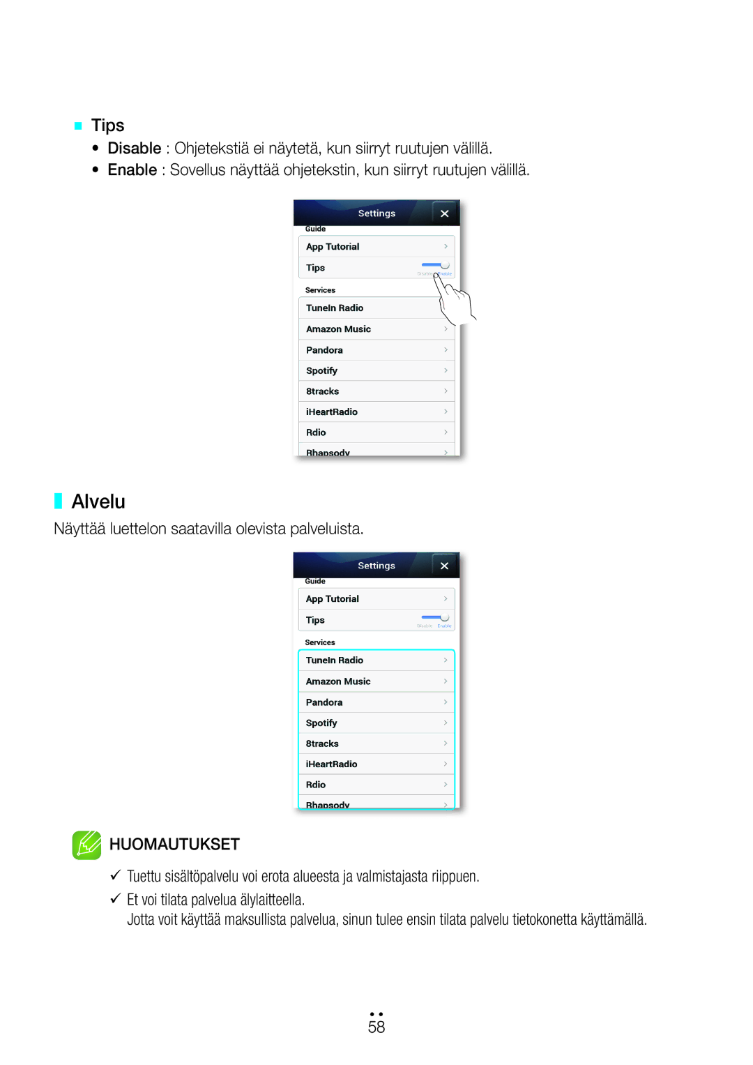 Samsung WAM270/XE manual Alvelu, Näyttää luettelon saatavilla olevista palveluista 