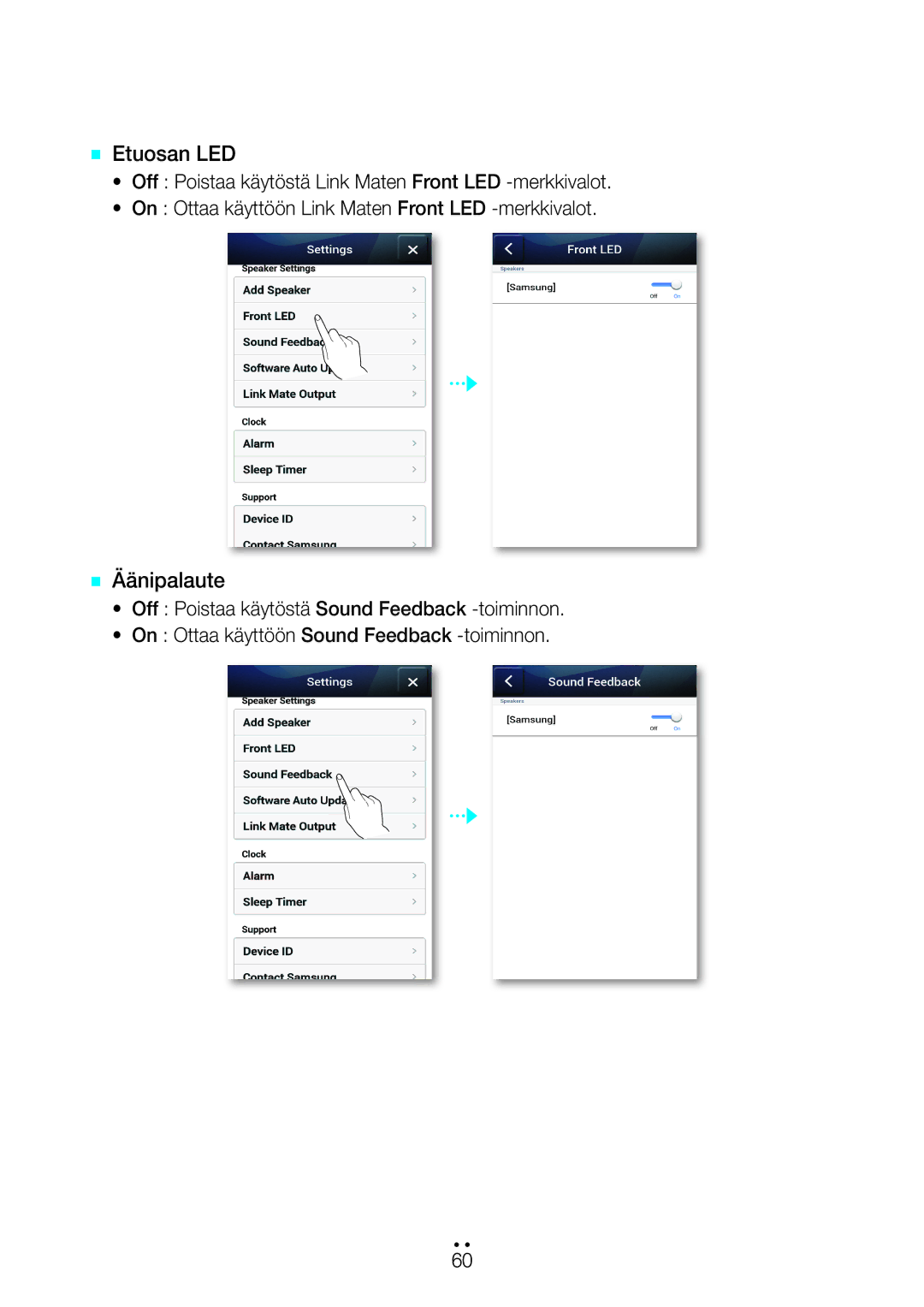 Samsung WAM270/XE manual `` Etuosan LED, `` Äänipalaute 