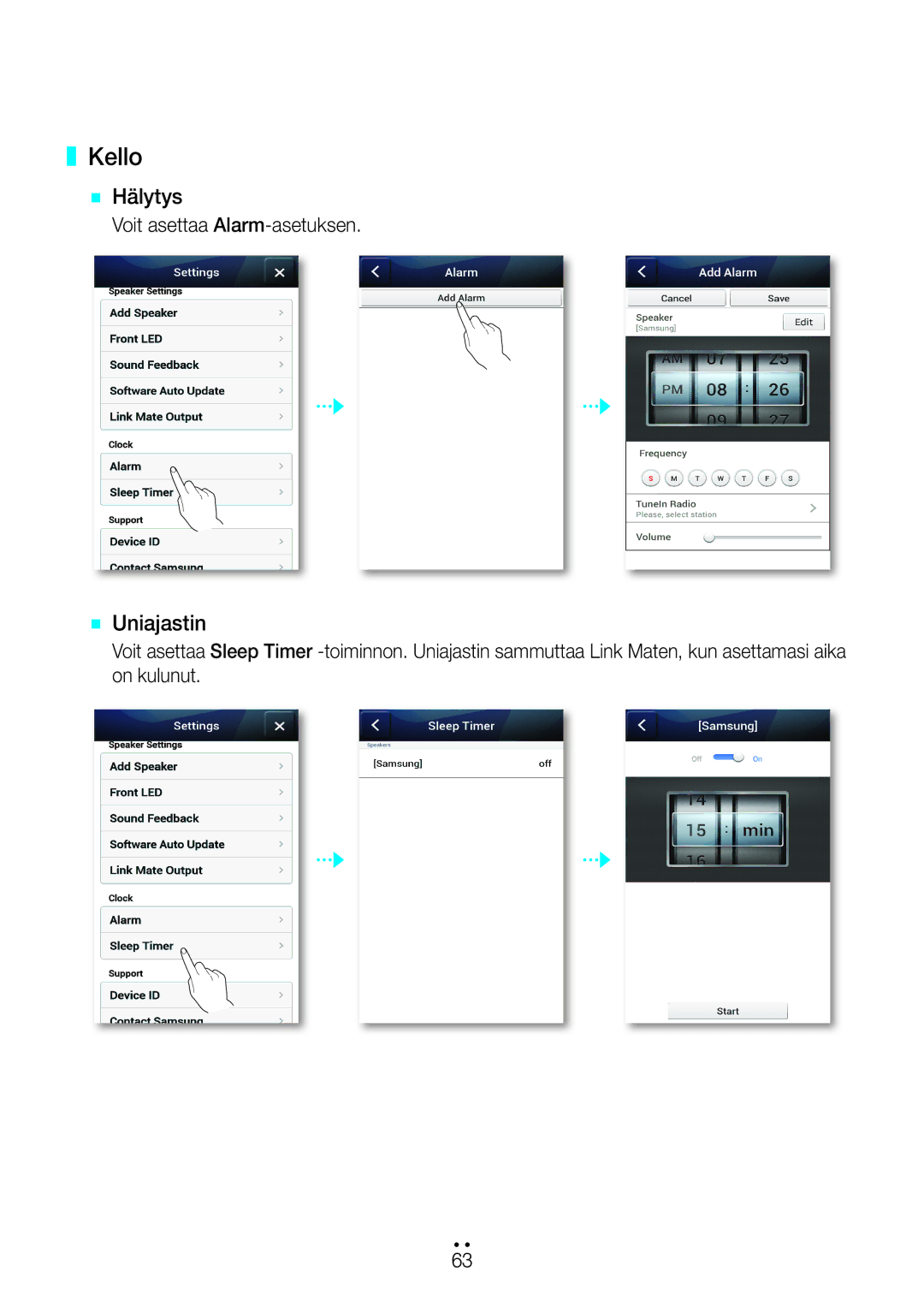 Samsung WAM270/XE manual Kello, `` Hälytys, `` Uniajastin, Voit asettaa Alarm-asetuksen 