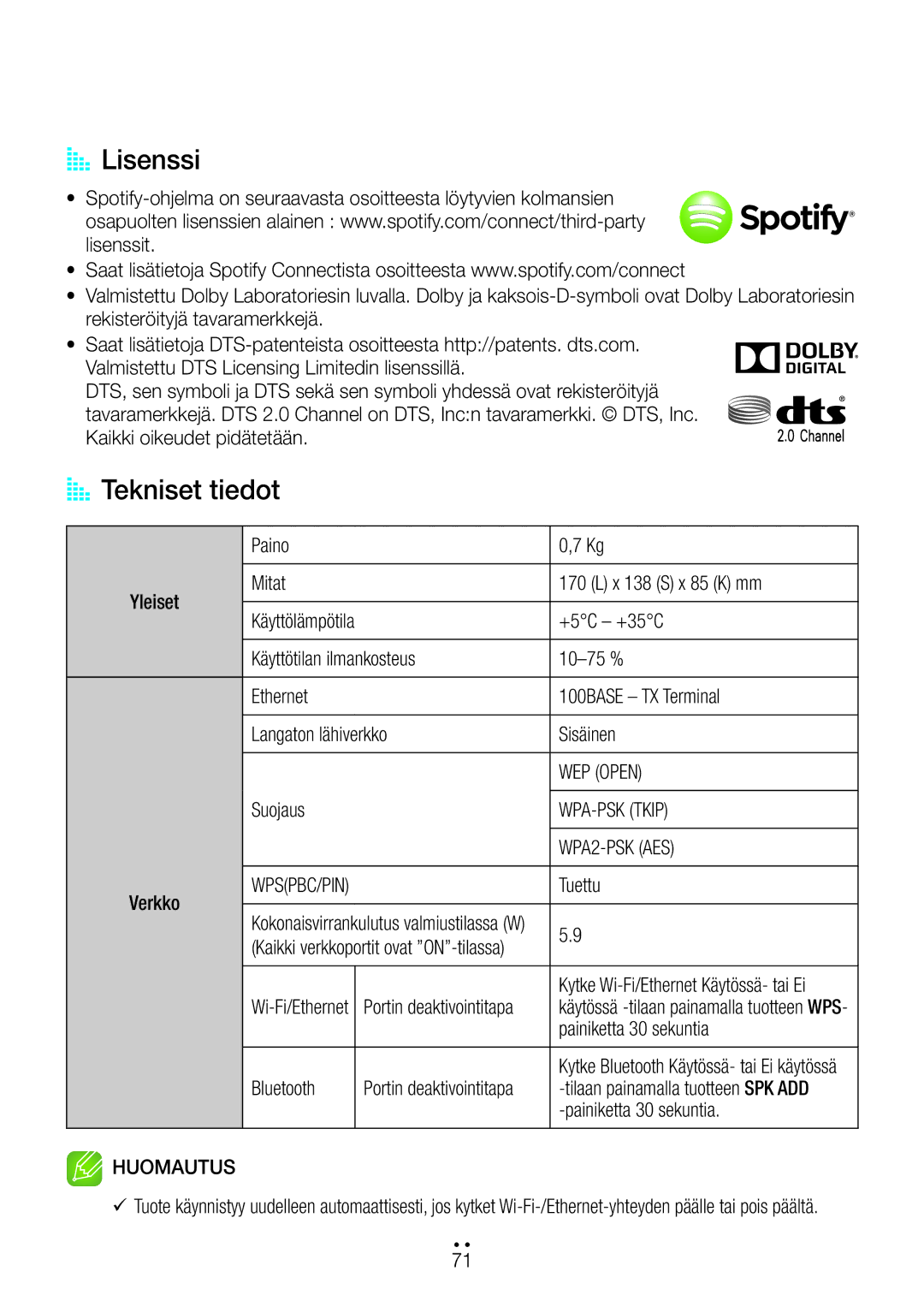 Samsung WAM270/XE manual AA Lisenssi, AA Tekniset tiedot 