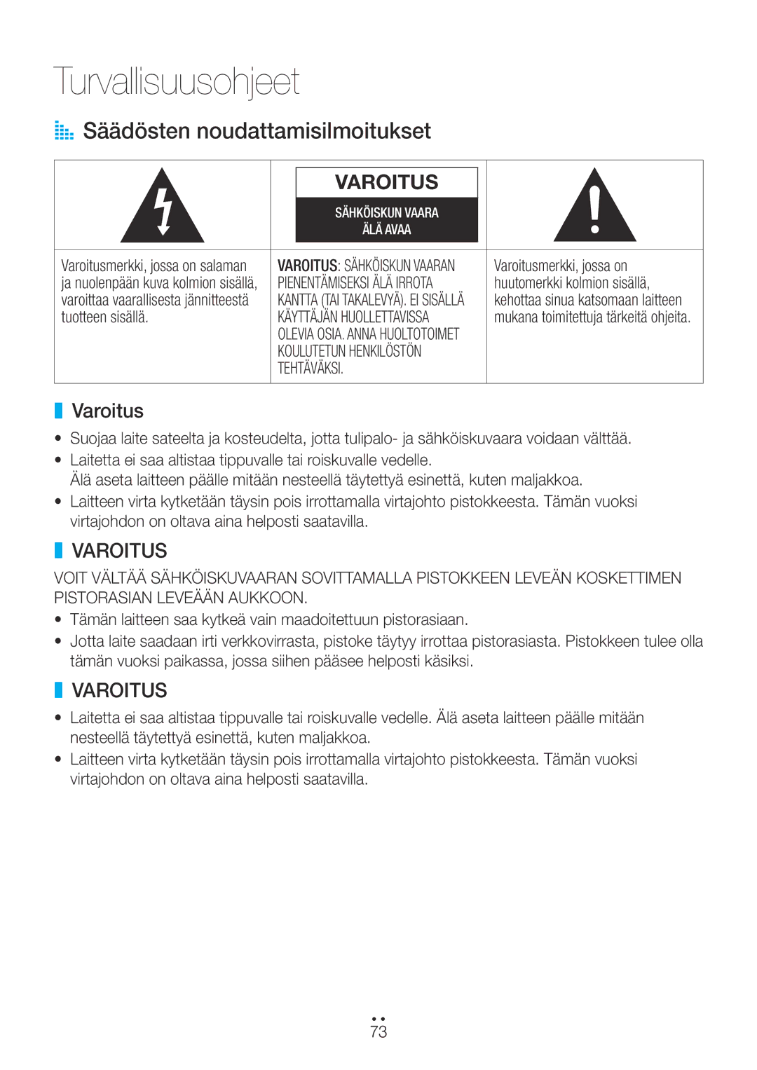 Samsung WAM270/XE manual AA Säädösten noudattamisilmoitukset, Varoitusmerkki, jossa on, Huutomerkki kolmion sisällä 