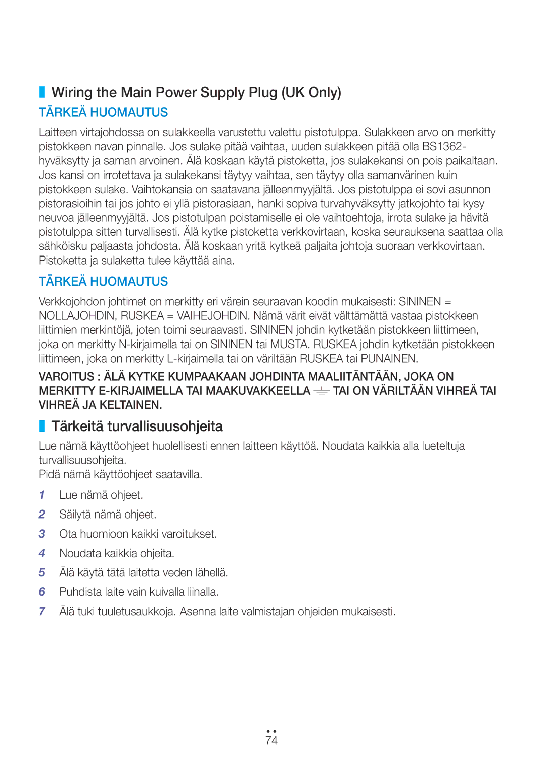 Samsung WAM270/XE manual Wiring the Main Power Supply Plug UK Only, Tärkeitä turvallisuusohjeita 