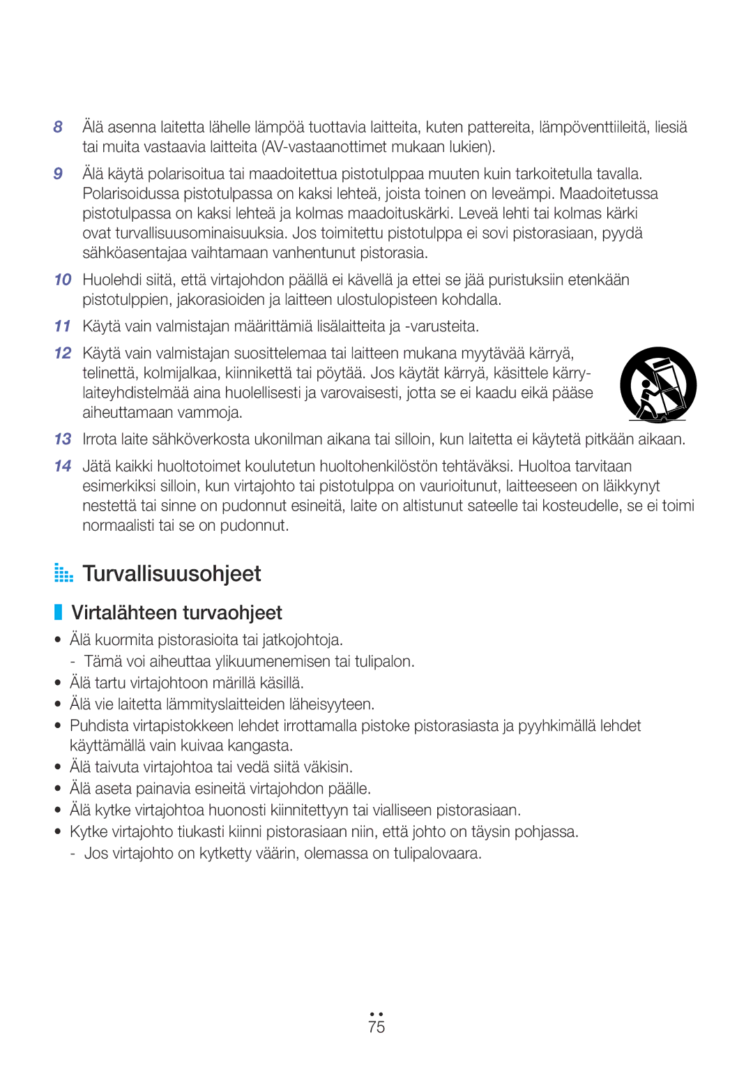 Samsung WAM270/XE manual AA Turvallisuusohjeet, Virtalähteen turvaohjeet 