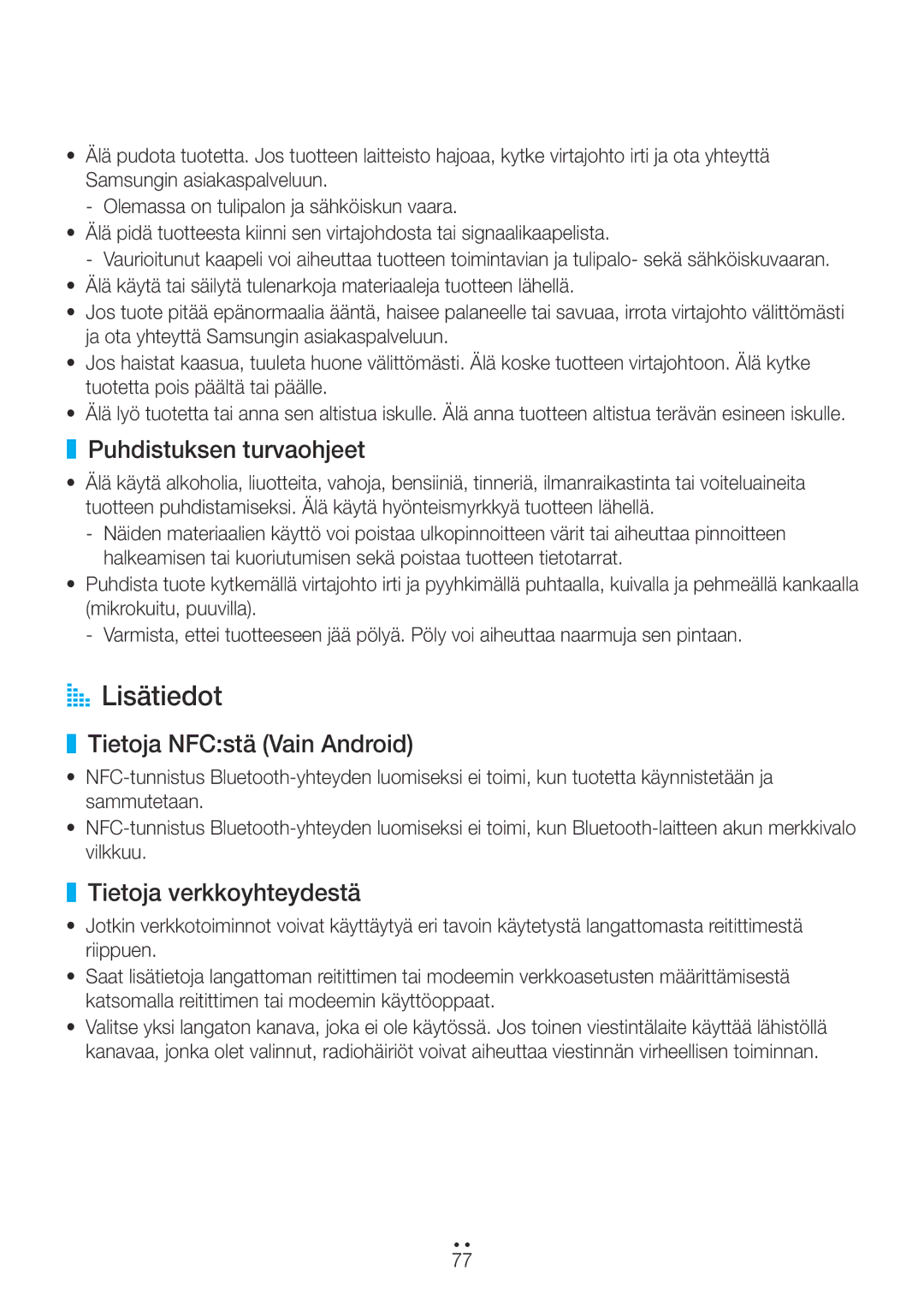 Samsung WAM270/XE manual AA Lisätiedot, Puhdistuksen turvaohjeet, Tietoja NFCstä Vain Android, Tietoja verkkoyhteydestä 