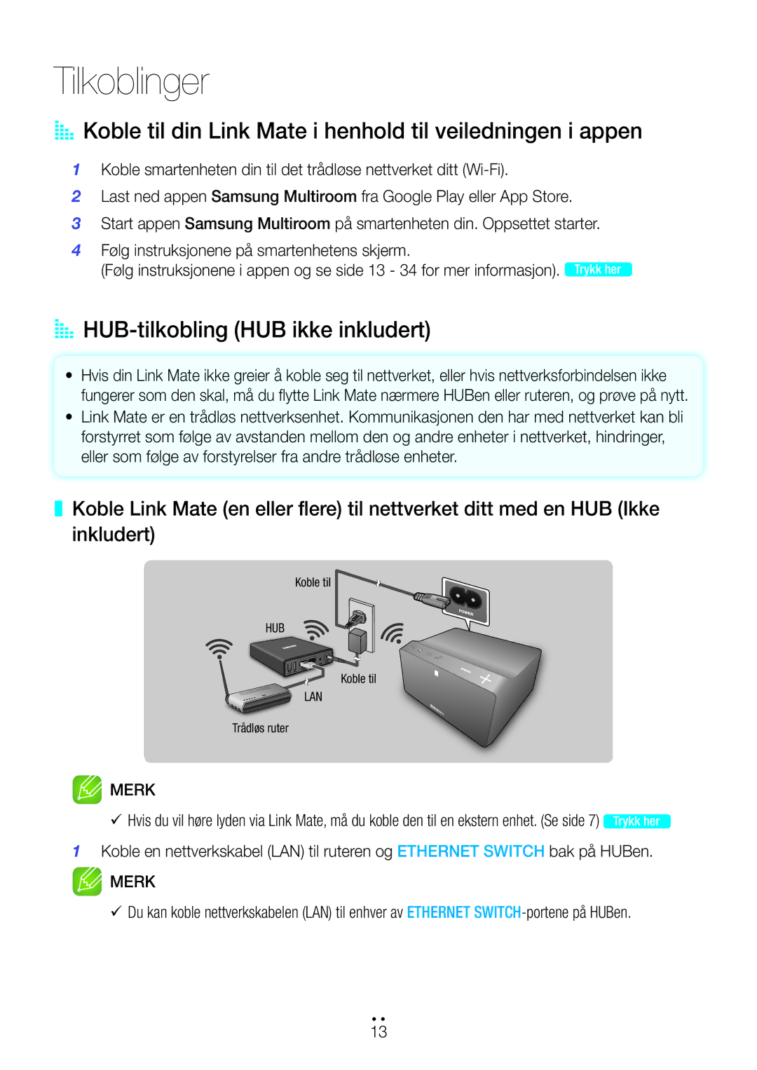 Samsung WAM270/XE manual Tilkoblinger, AA HUB-tilkobling HUB ikke inkludert 