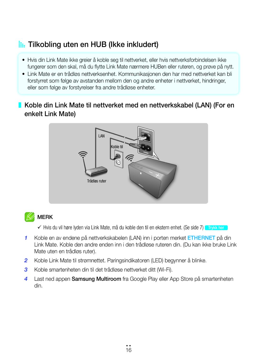 Samsung WAM270/XE manual AA Tilkobling uten en HUB Ikke inkludert 