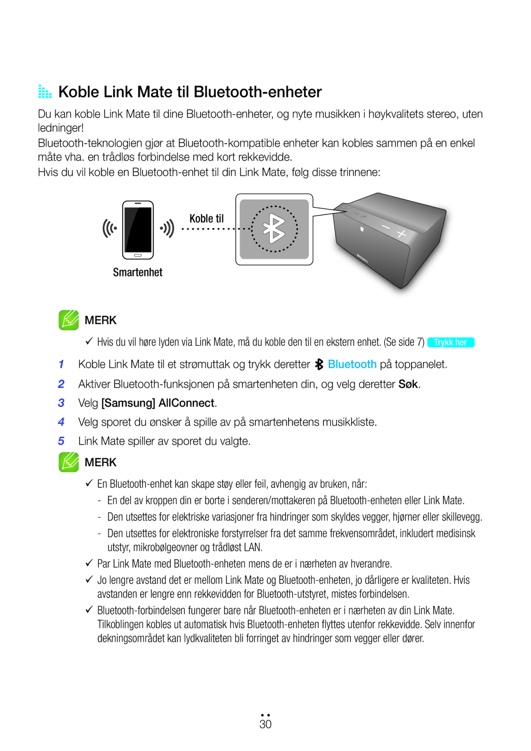 Samsung WAM270/XE manual AA Koble Link Mate til Bluetooth-enheter 