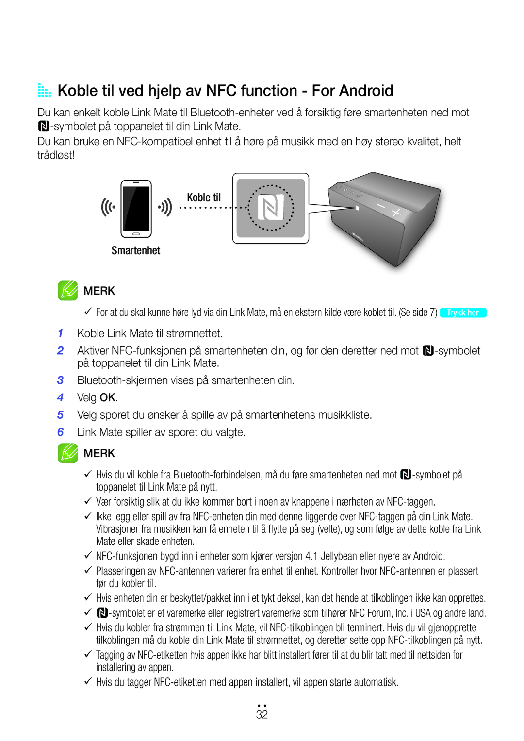 Samsung WAM270/XE manual AA Koble til ved hjelp av NFC function For Android 