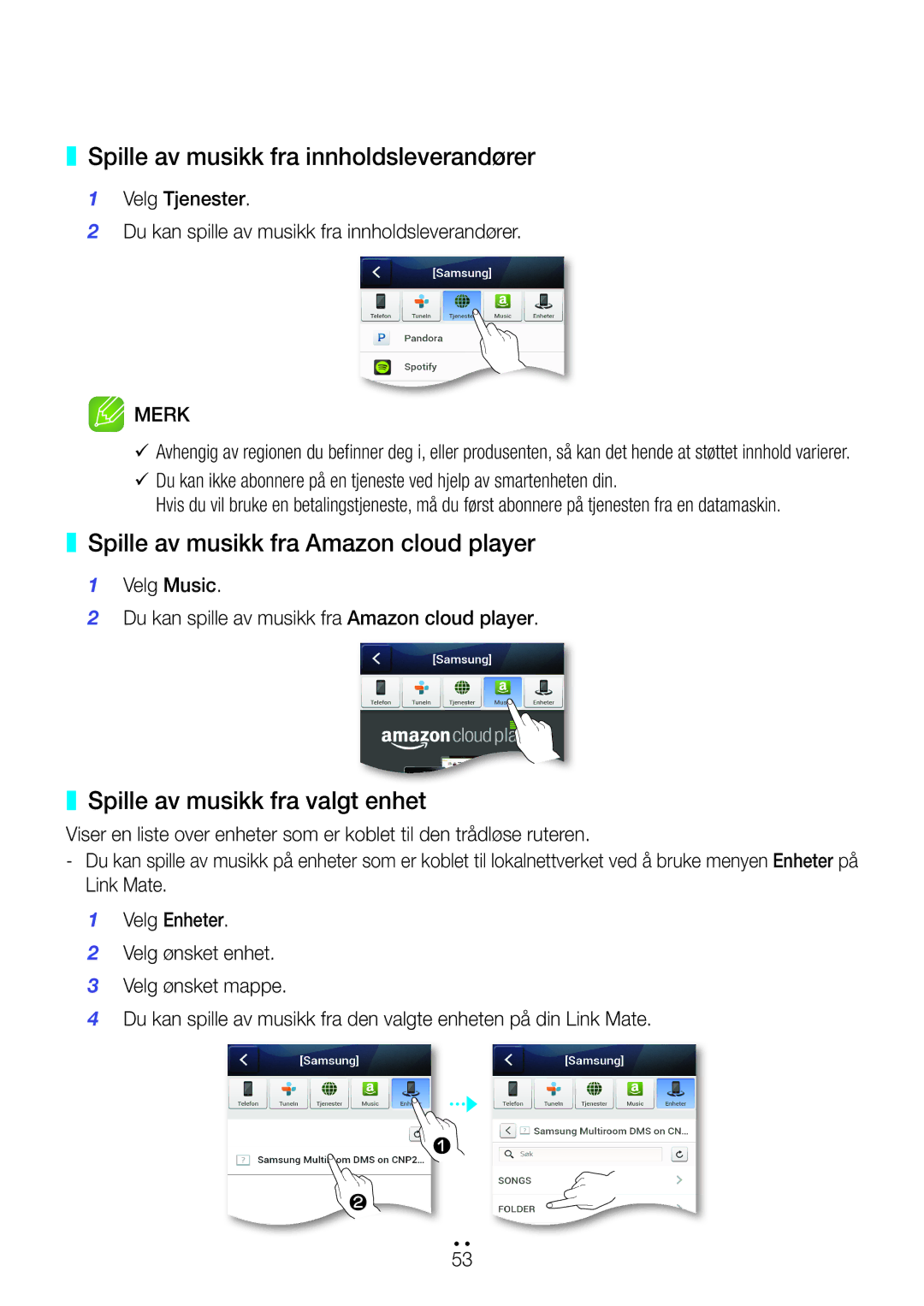 Samsung WAM270/XE manual Spille av musikk fra innholdsleverandører, Spille av musikk fra Amazon cloud player 