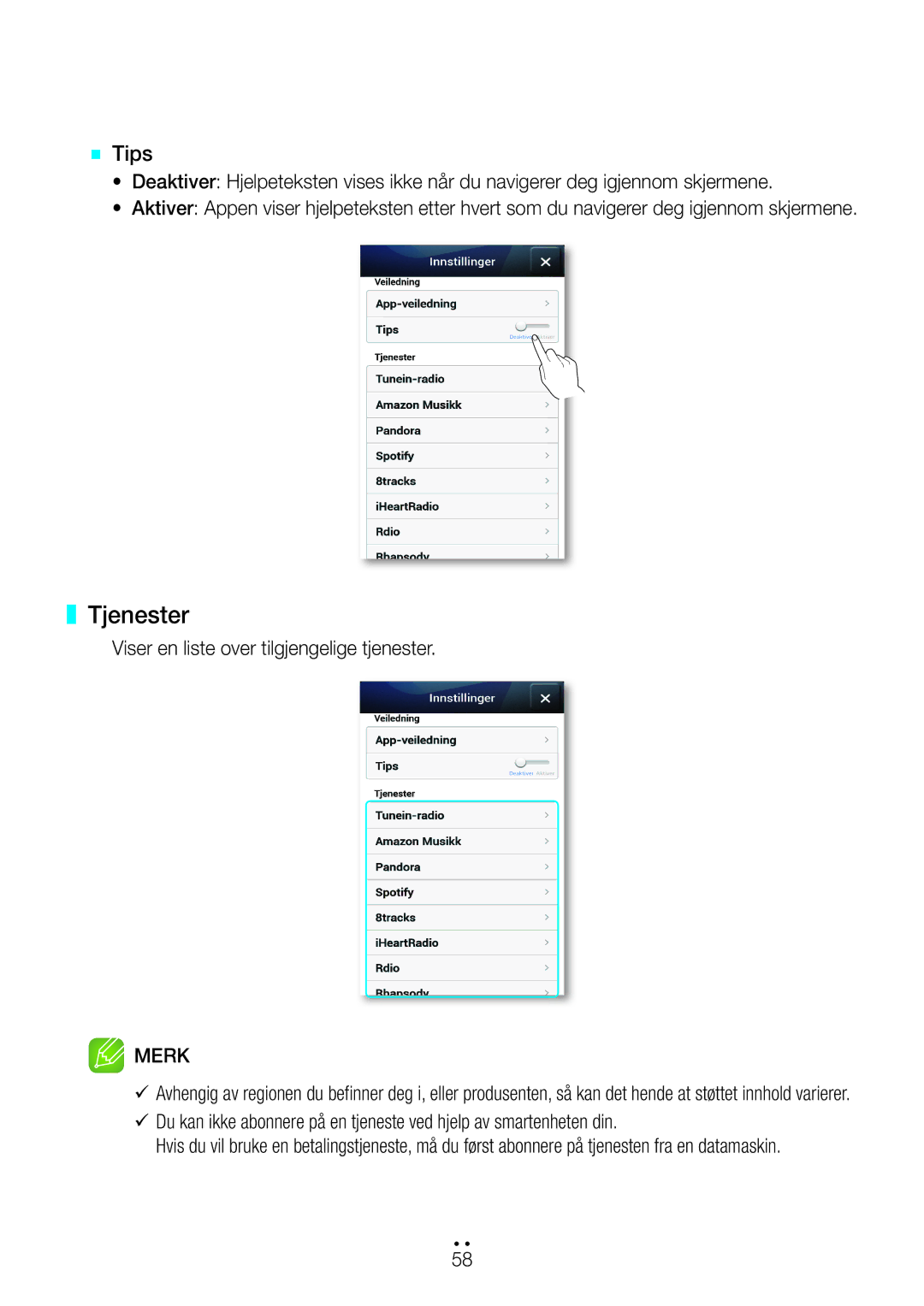 Samsung WAM270/XE manual Tjenester, `` Tips 