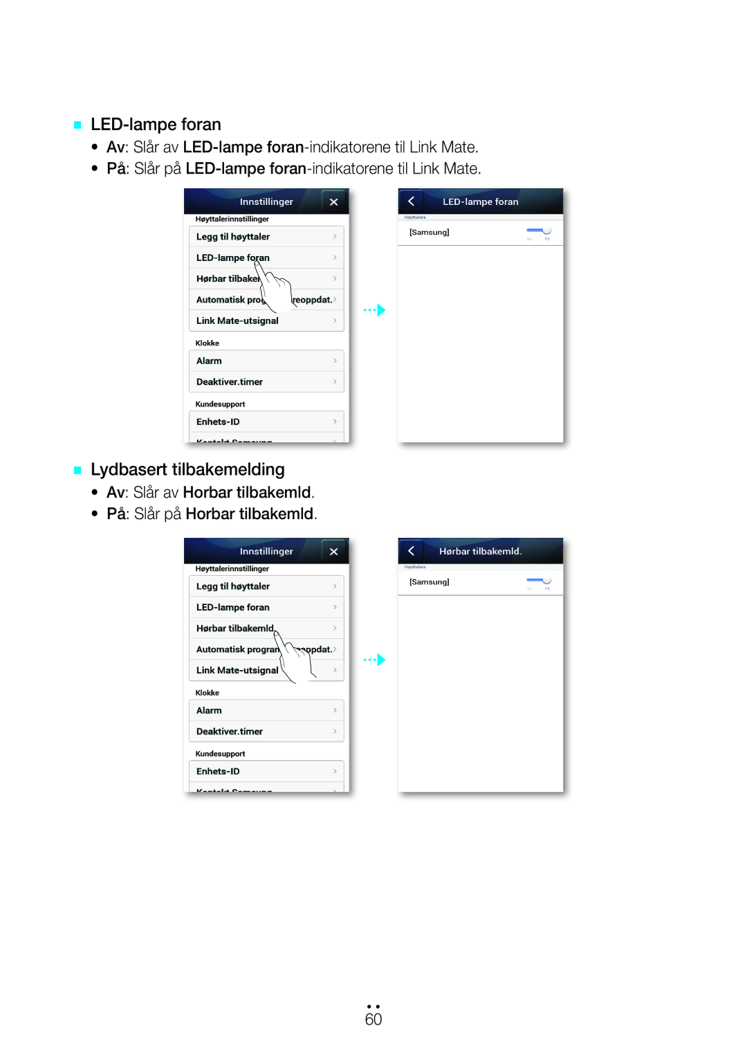 Samsung WAM270/XE manual `` LED-lampe foran, `` Lydbasert tilbakemelding 