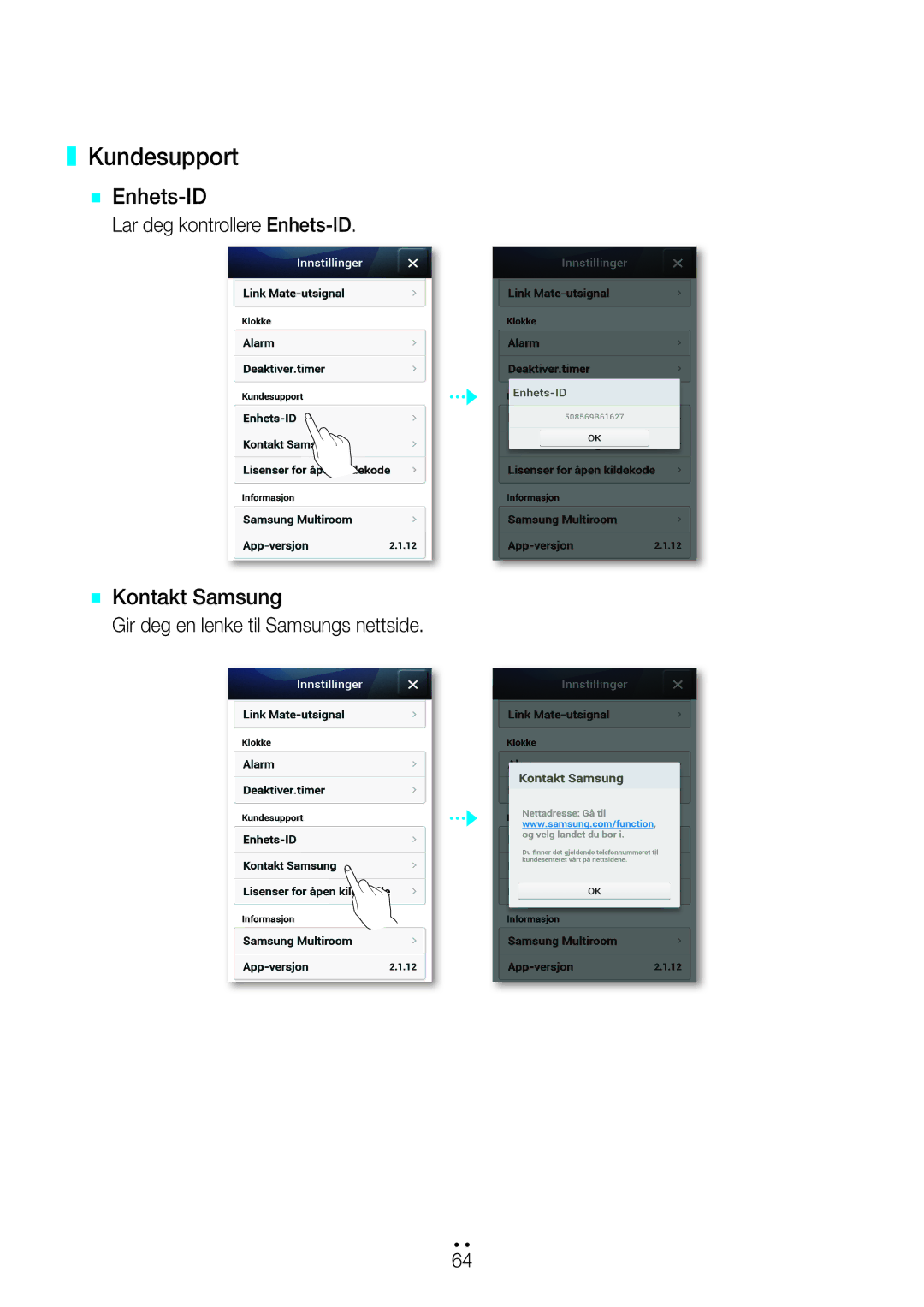 Samsung WAM270/XE manual Kundesupport, `` Enhets-ID, `` Kontakt Samsung 