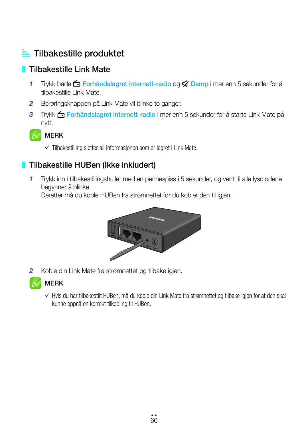 Samsung WAM270/XE manual AA Tilbakestille produktet, Tilbakestille Link Mate, Tilbakestille HUBen Ikke inkludert 