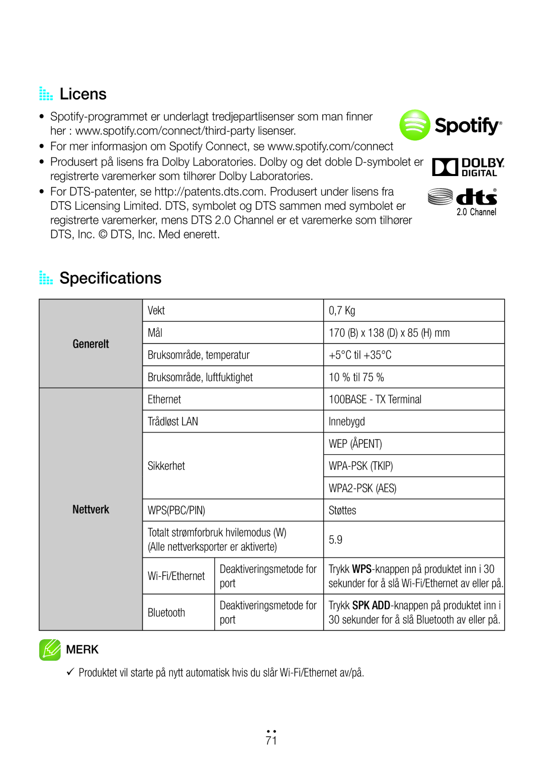 Samsung WAM270/XE manual AA Licens, AA Specifications 