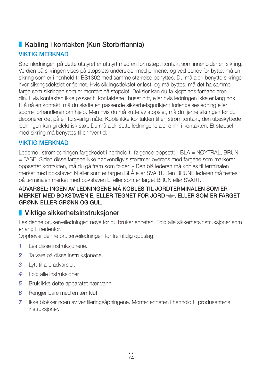 Samsung WAM270/XE manual Kabling i kontakten Kun Storbritannia, Viktige sikkerhetsinstruksjoner 