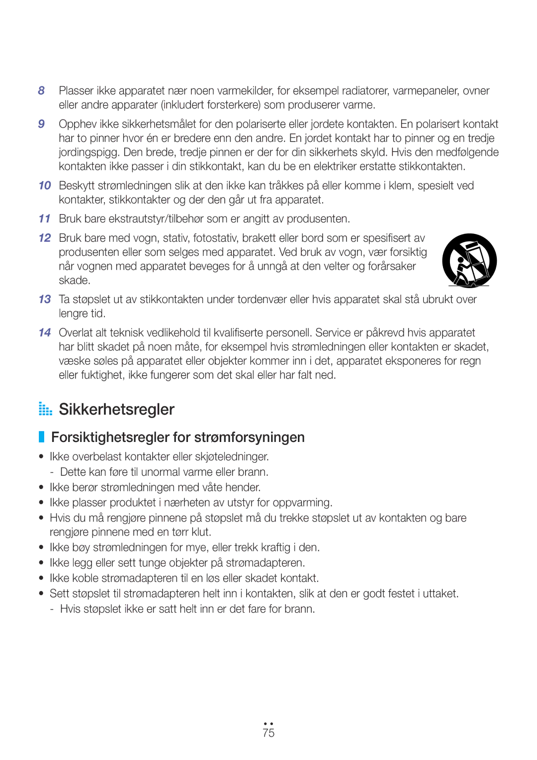 Samsung WAM270/XE manual AA Sikkerhetsregler, Forsiktighetsregler for strømforsyningen 