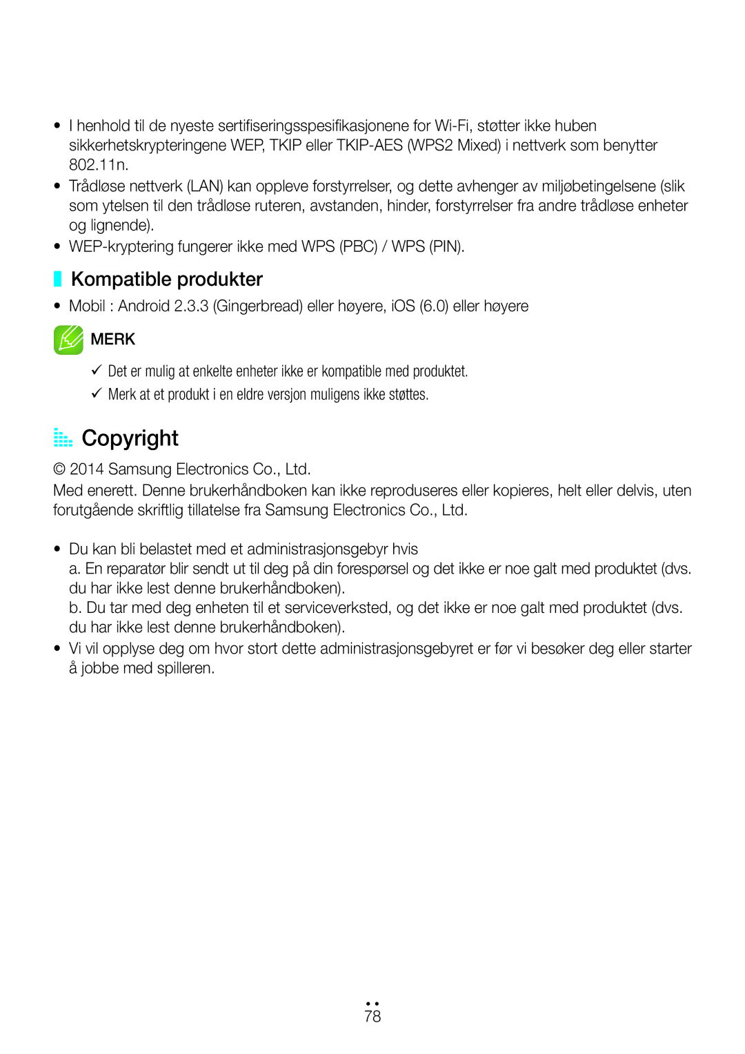 Samsung WAM270/XE manual AA Copyright, Kompatible produkter 