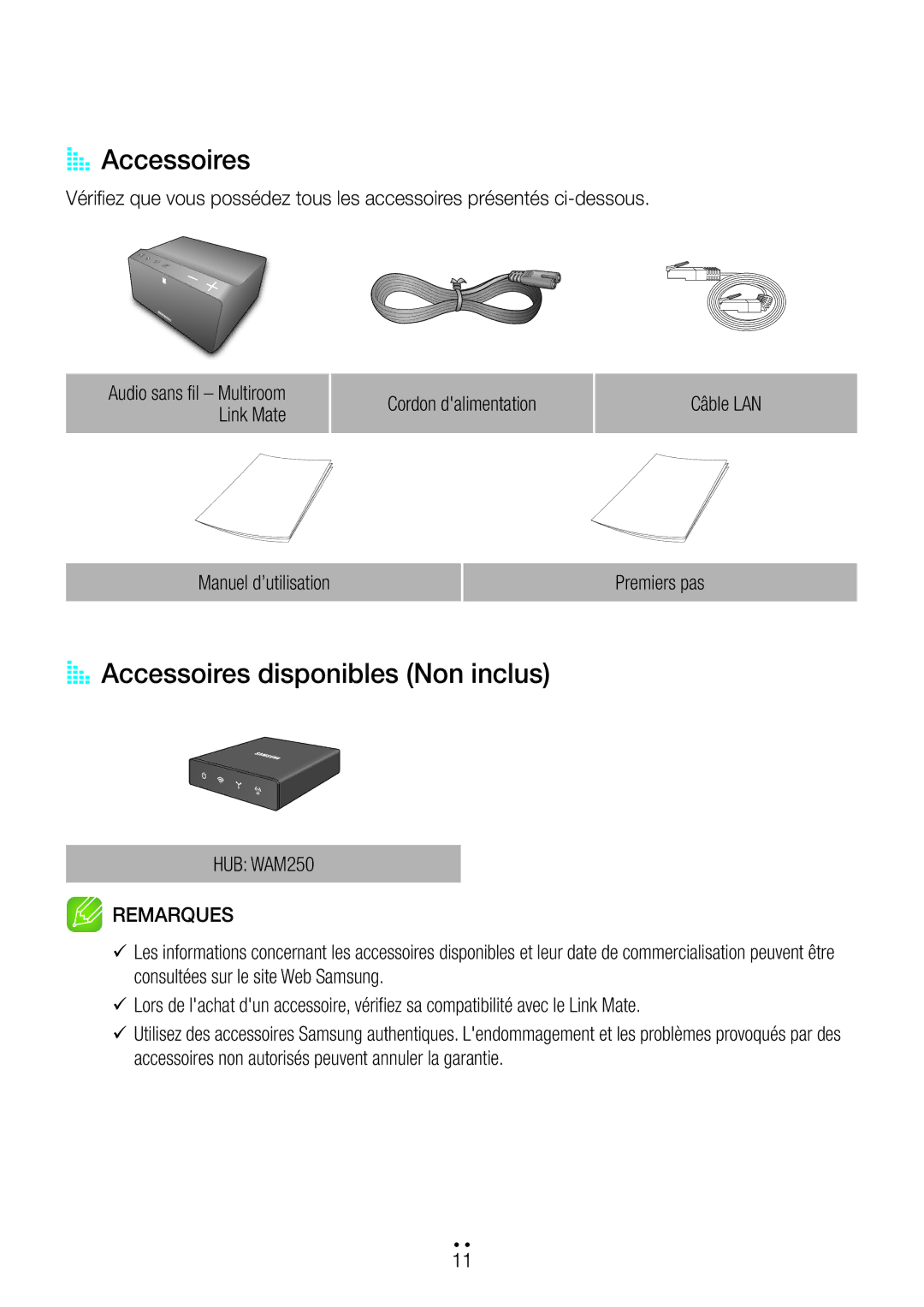 Samsung WAM270/ZF manual AA Accessoires disponibles Non inclus 