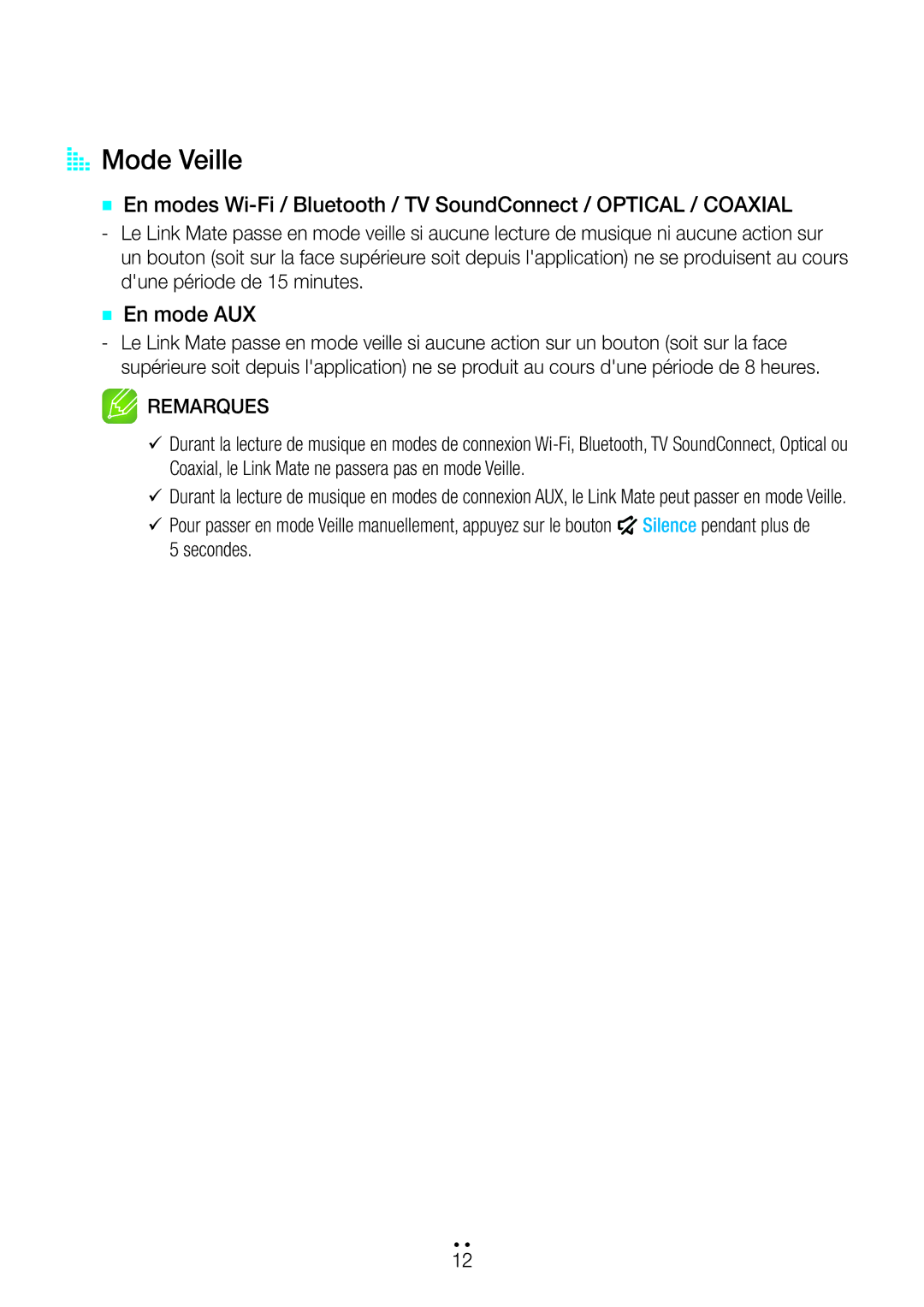 Samsung WAM270/ZF manual AA Mode Veille, `` En mode AUX, Secondes 