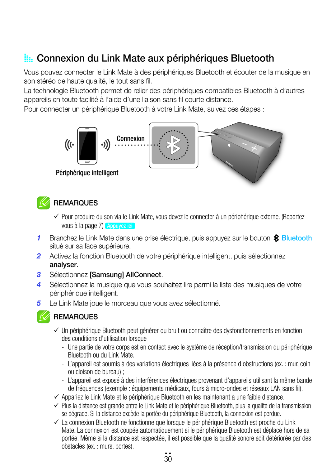 Samsung WAM270/ZF manual AA Connexion du Link Mate aux périphériques Bluetooth 