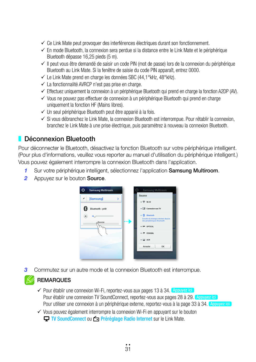 Samsung WAM270/ZF manual Déconnexion Bluetooth 