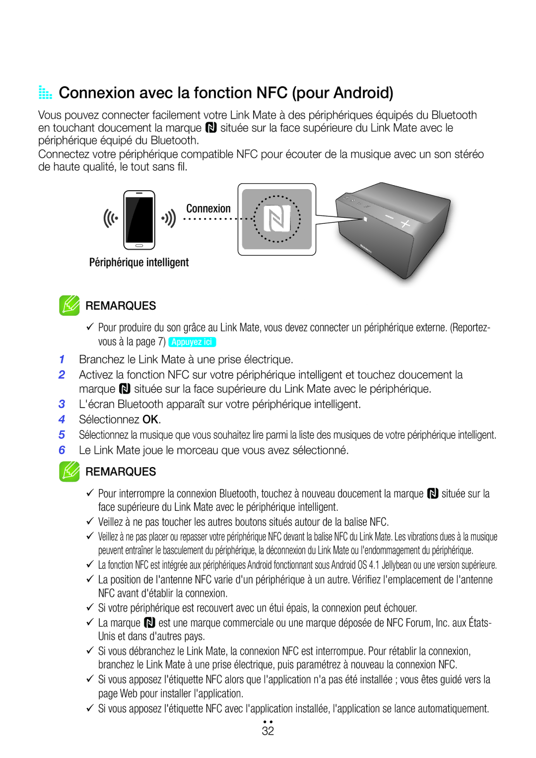 Samsung WAM270/ZF manual AA Connexion avec la fonction NFC pour Android, NFC avant détablir la connexion, 9La marque 