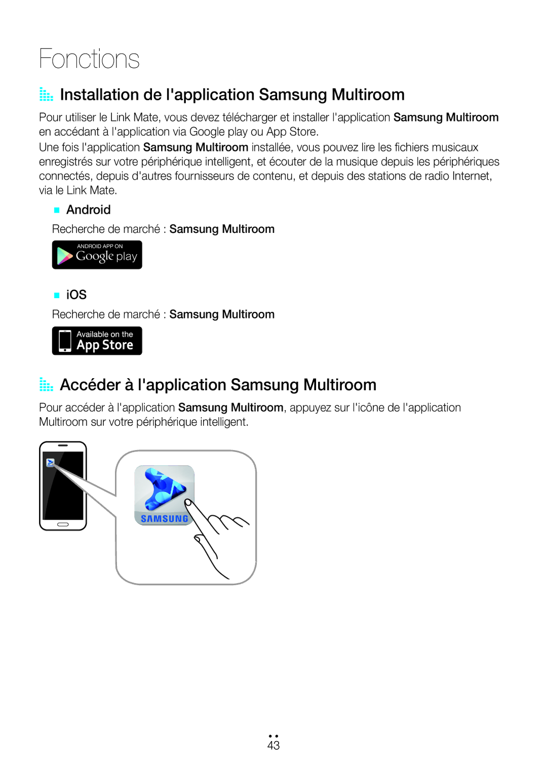 Samsung WAM270/ZF manual AA Installation de lapplication Samsung Multiroom, AA Accéder à lapplication Samsung Multiroom 