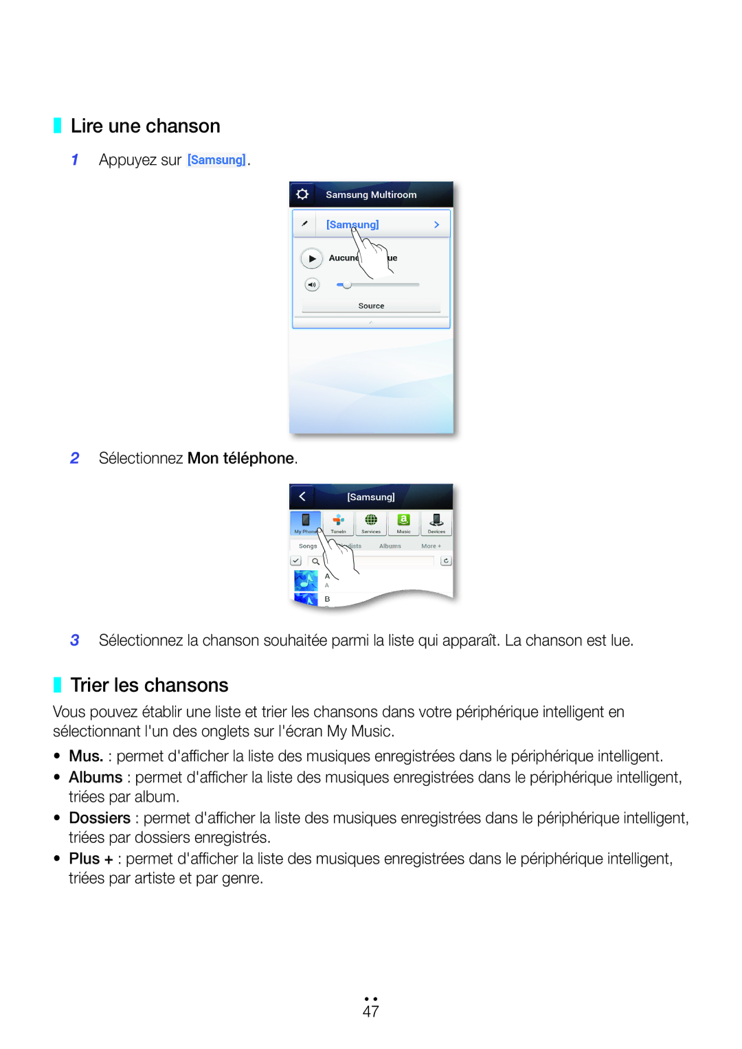 Samsung WAM270/ZF manual Lire une chanson, Trier les chansons 