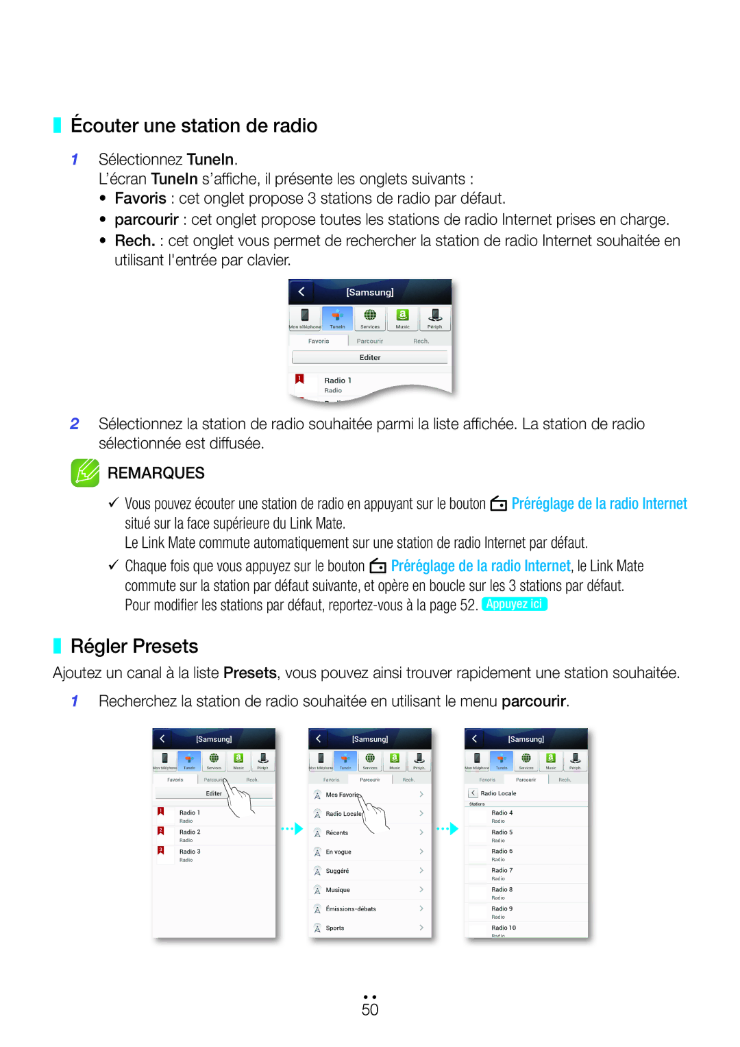 Samsung WAM270/ZF manual Écouter une station de radio, Régler Presets 