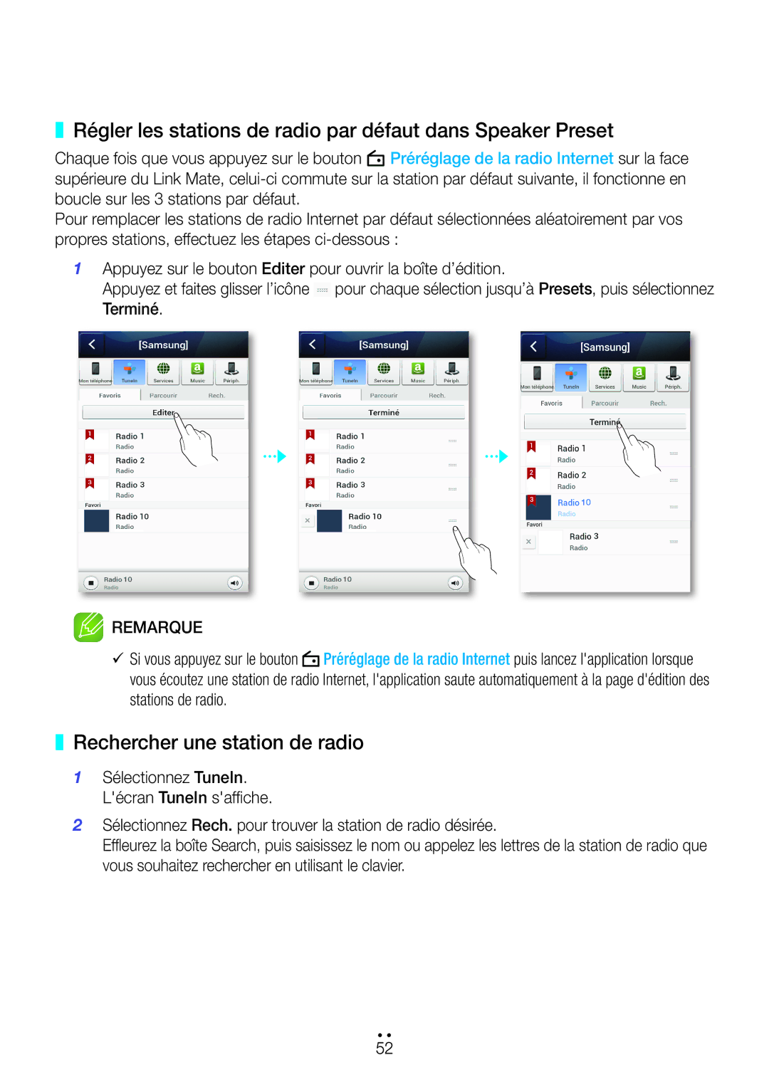 Samsung WAM270/ZF Régler les stations de radio par défaut dans Speaker Preset, Rechercher une station de radio, Terminé 