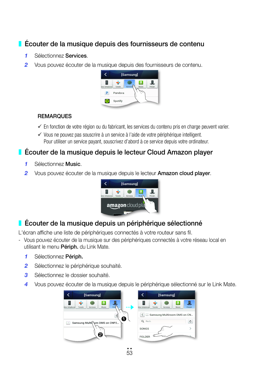 Samsung WAM270/ZF manual Écouter de la musique depuis des fournisseurs de contenu 