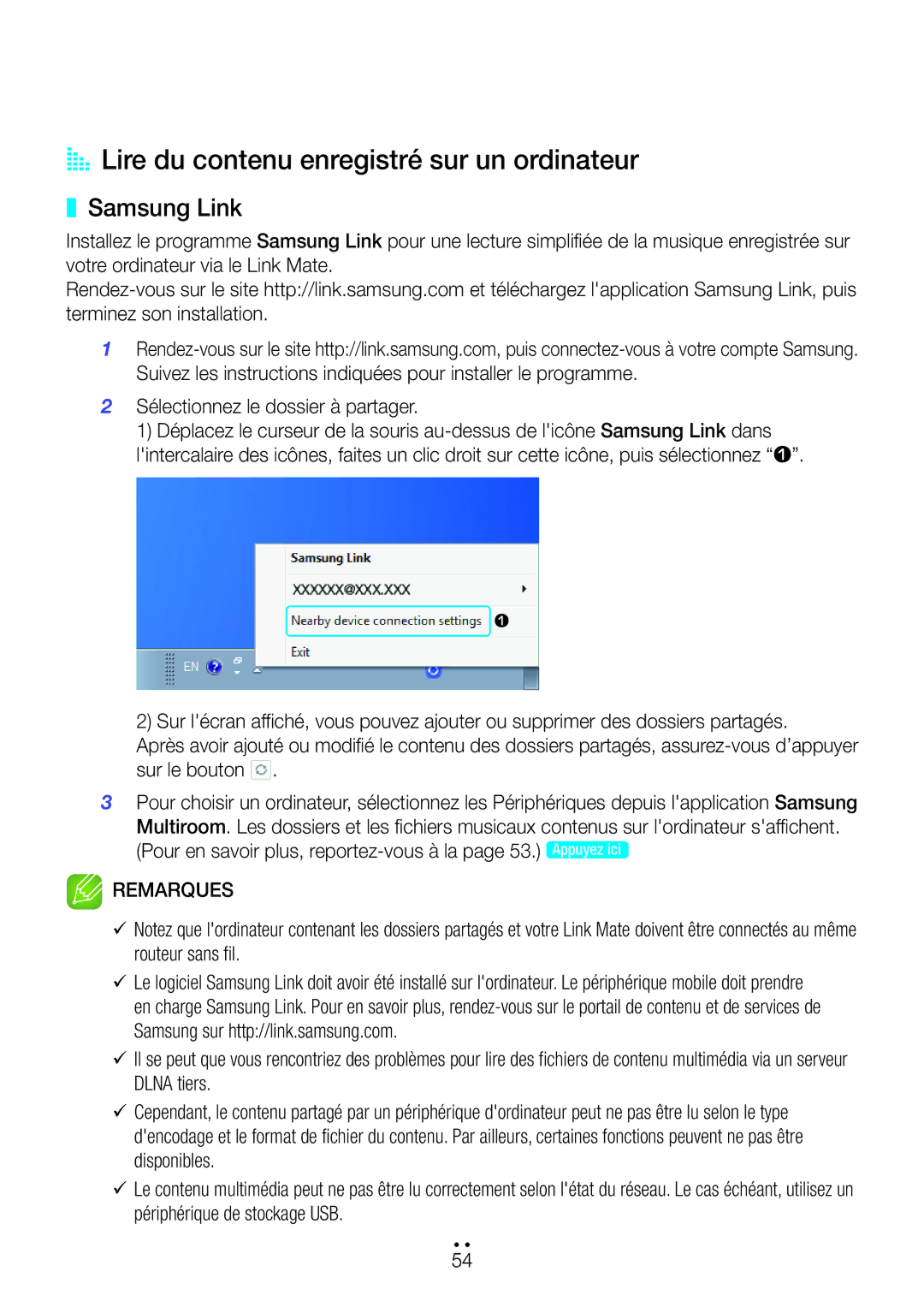 Samsung WAM270/ZF manual AA Lire du contenu enregistré sur un ordinateur, Samsung Link 