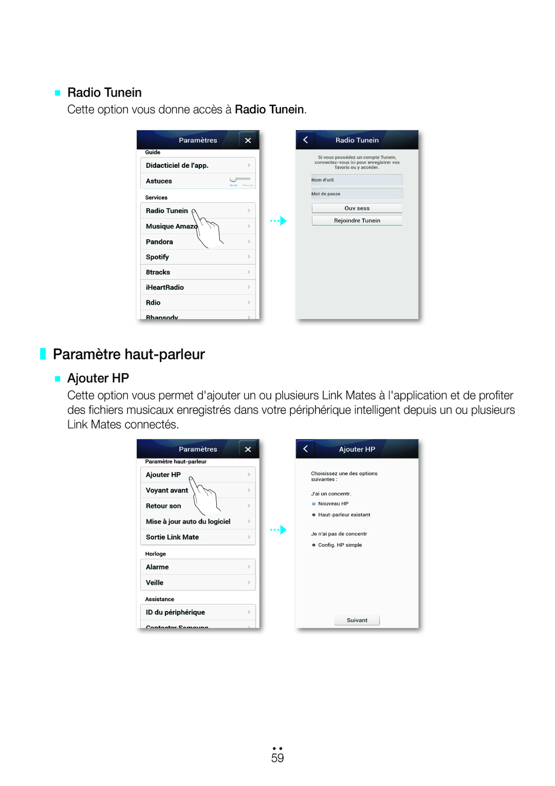 Samsung WAM270/ZF `` Radio Tunein, Paramètre haut-parleur `` Ajouter HP, Cette option vous donne accès à Radio Tunein 